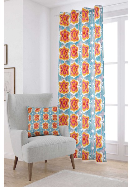 Mavi Turuncu Etnik Dekoratif Dijital Baskılı Perde CGH156-PR