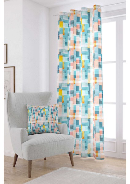 Beyaz Karışık Renkli Soyut Dekoratif Dijital Baskılı Perde CGH159-PR