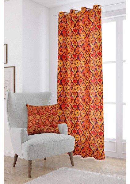Kahverengi Turuncu Etnik Desenli Dijital Baskılı Perde CGH261-PR