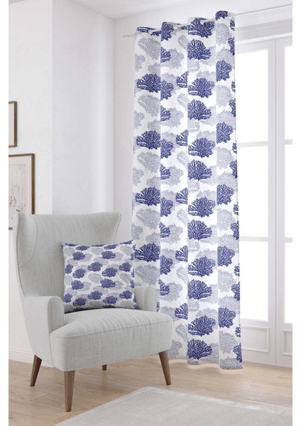 Beyaz Lacivert Marin Desenli Dijital Baskılı Perde CGH269-PR