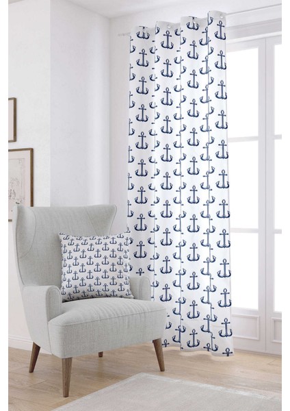 Beyaz Lacivert Çapa Desenli Dijital Baskılı Perde CGH270-PR