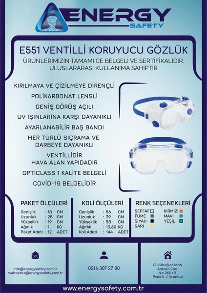 Energy Safety E551 Ventilli Koruyucu Gözlük İş Güvenliği Gözlüğü