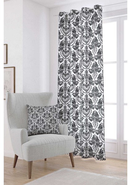 Siyah Beyaz Etnik Damask Desenli Dijital Baskılı Perde CGH343-PR