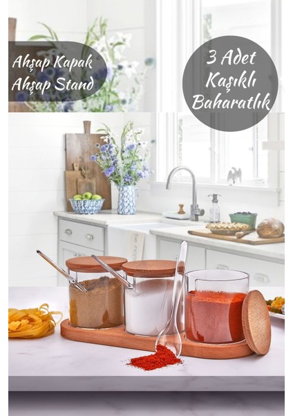 Ahşap Stantlı Kaşıklı Baharatlık Seti 3'lü