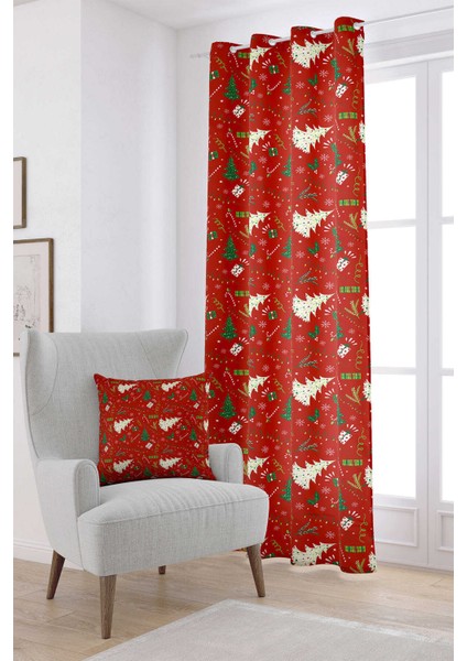 Kırmızı Yeşil Yılbaşı Temalı Desenli Dijital Baskılı Perde CGH297-PR