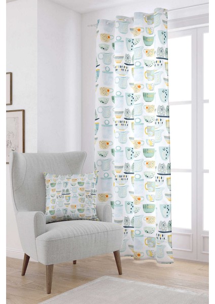 Beyaz Yeşil Dekoratif Fincan Desenli Dijital Baskılı Perde CGH615-PR