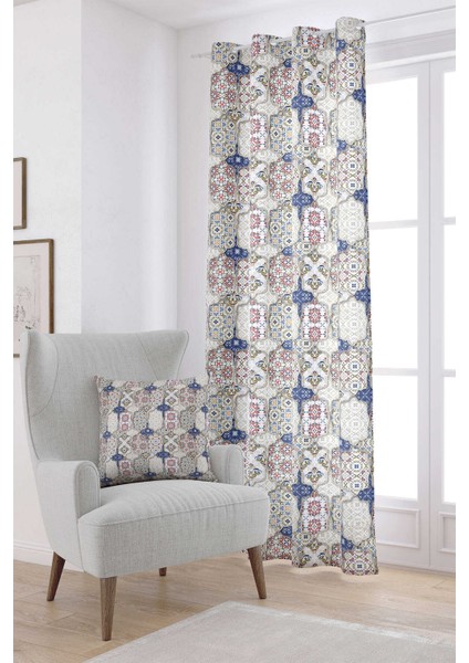 Krem Lacivert Vintage Retro Desenli Dijital Baskılı Perde CGH617-PR