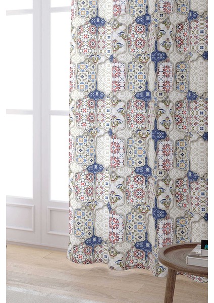 Krem Lacivert Vintage Retro Desenli Dijital Baskılı Perde CGH617-PR
