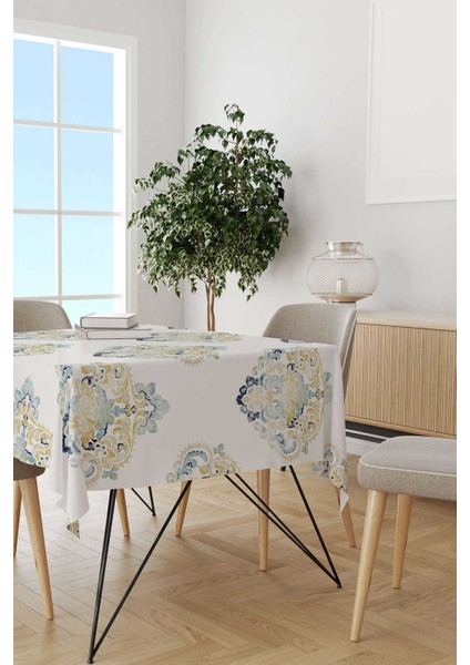 Sarı Mavi Damask Desenli Dijital Baskılı Masa Örtüsü CGH497-MS