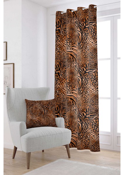 Kahverengi Turuncu Zebra Leopar Desenli Dijital Baskılı Perde CGH350-PR
