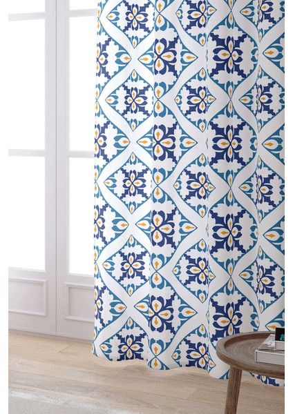 Beyaz Mavi Modern Etnik Karo Desenli Dijital Baskılı Perde CGH576-PR fiyatları
