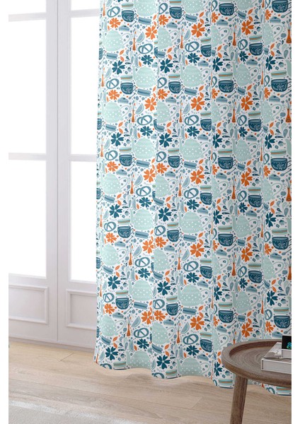 Mavi Turuncu Dekoratif Obje Desenli Dijital Baskılı Perde CGH582-PR fiyatları