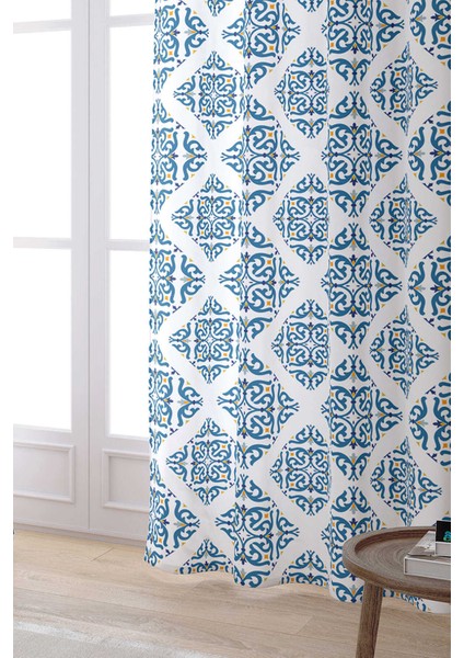 Beyaz Mavi Modern Etnik Karo Desenli Dijital Baskılı Perde CGH563-PR