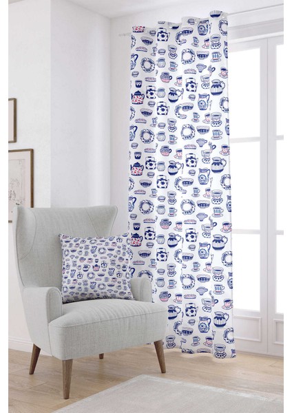 Beyaz Mavi Çini Desenli Dijital Baskılı Perde CGH595-PR