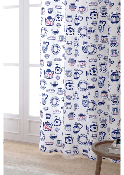 Beyaz Mavi Çini Desenli Dijital Baskılı Perde CGH595-PR fiyatları