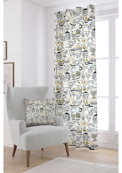 Beyaz Sarı Dekoratif Çini Desenli Dijital Baskılı Perde CGH606-PR