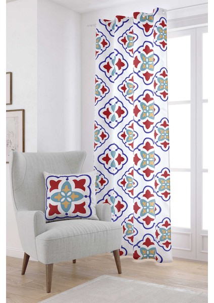 Beyaz Mavi Modern Etnik Karo Desenli Dijital Baskılı Perde CGH572-PR