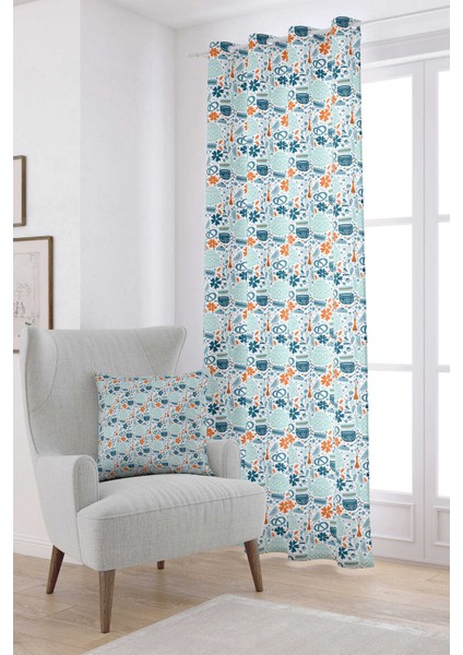 Mavi Turuncu Dekoratif Obje Desenli Dijital Baskılı Perde CGH582-PR