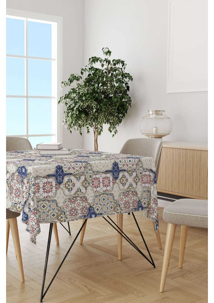Krem Lacivert Vintage Retro Desenli Dijital Baskılı Masa Örtüsü CGH617-MS