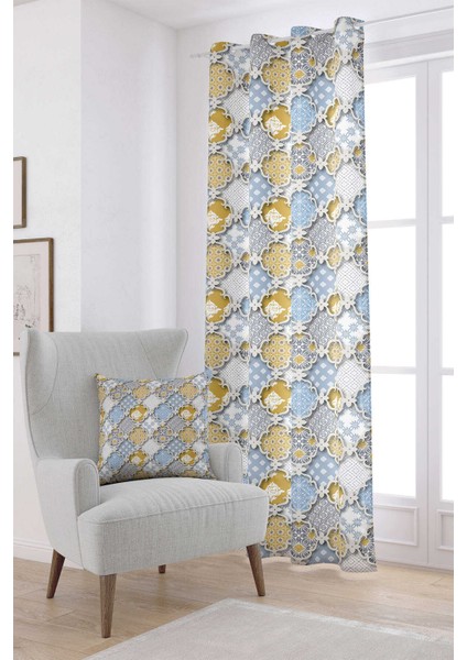Sarı Mavi Etnik Vintage Desenli Dijital Baskılı Perde CGH583-PR