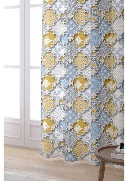 Sarı Mavi Etnik Vintage Desenli Dijital Baskılı Perde CGH583-PR