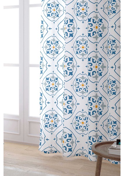 Beyaz Mavi Modern Etnik Karo Desenli Dijital Baskılı Perde CGH575-PR fiyatları