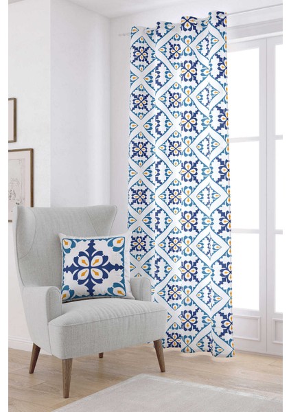 Beyaz Mavi Modern Etnik Karo Desenli Dijital Baskılı Perde CGH576-PR
