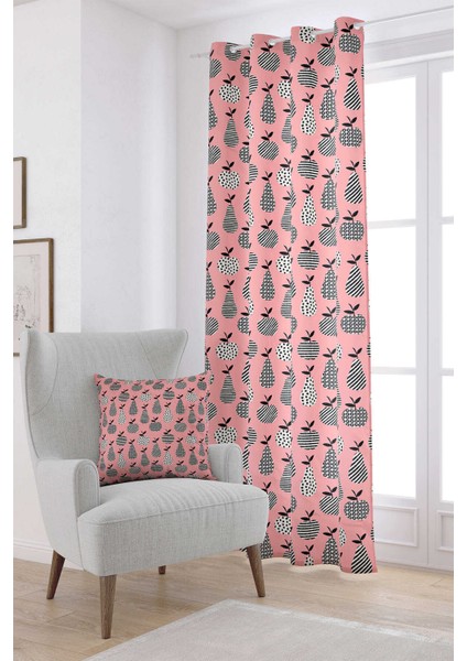 Pembe Siyah Dekoratif Meyve Desenli Dijital Baskılı Perde CGH598-PR