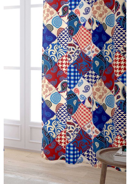 Kırmızı Mavi Etnik Patchwork Desenli Dijital Baskılı Perde CGH605-PR