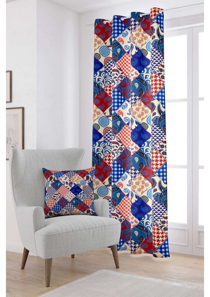 Kırmızı Mavi Etnik Patchwork Desenli Dijital Baskılı Perde CGH605-PR
