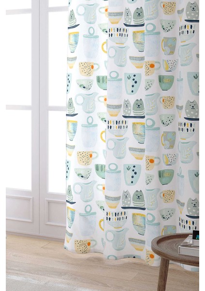 Beyaz Yeşil Dekoratif Fincan Desenli Dijital Baskılı Perde CGH615-PR fiyatları