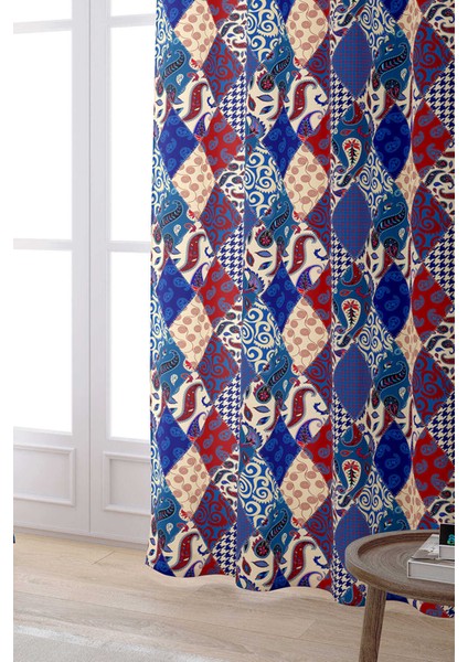 Kırmızı Lacivert Etnik Patchwork Desenli Dijital Baskılı Perde CGH622-PR fiyatları