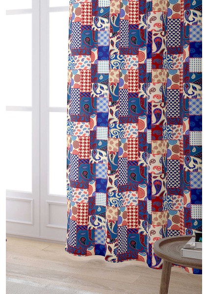 Kırmızı Lacivert Etnik Patchwork Desenli Dijital Baskılı Perde CGH623-PR fiyatları