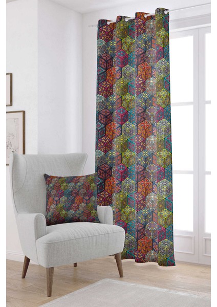 Lacivert Çok Renkli Retro Vintage Desenli Dijital Baskılı Perde OTYK018-PR
