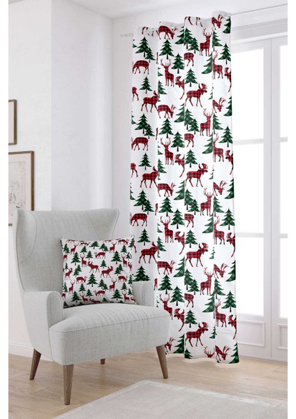 Kırmızı Yeşil Yılbaşı Temalı Ekose Desenli Dijital Baskılı Perde CGH792-PR