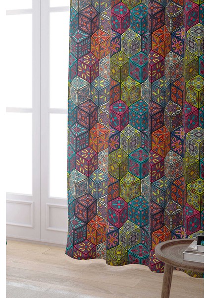 Lacivert Çok Renkli Retro Vintage Desenli Dijital Baskılı Perde OTYK018-PR fiyatları