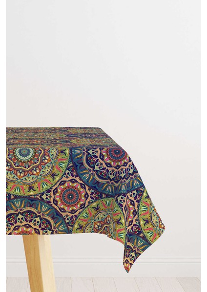 Yeşil Çok Renkli Retro Vintage Desenli Dijital Baskılı Masa Örtüsü OTYK019-MS