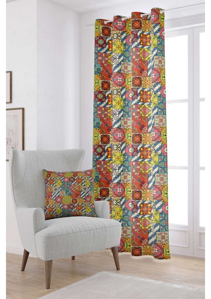 Sarı Çok Renkli Retro Vintage Desenli Dijital Baskılı Perde OTYK030-PR