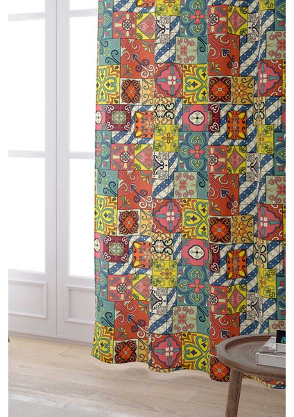 Sarı Çok Renkli Retro Vintage Desenli Dijital Baskılı Perde OTYK030-PR fiyatları