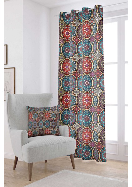 Sarı Çok Renkli Retro Vintage Desenli Dijital Baskılı Perde OTYK024-PR