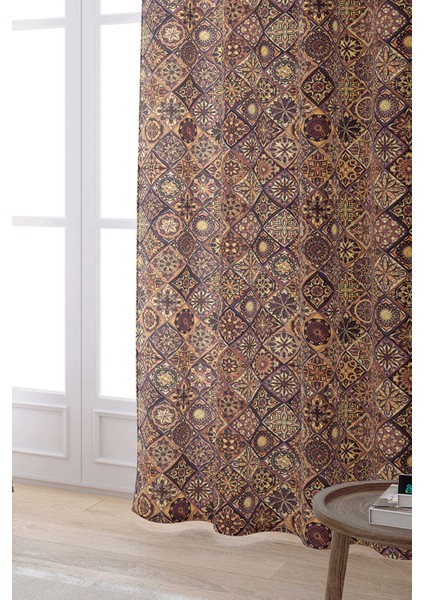 Kahverengi Sarı Retro Vintage Desenli Dijital Baskılı Perde OTYK051-PR fiyatları