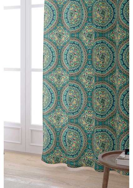 Yeşil Sarı Retro Vintage Desenli Dijital Baskılı Perde OTYK049-PR