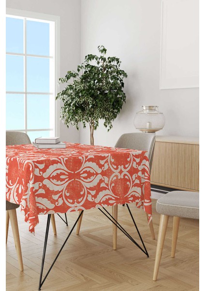 Turuncu Beyaz Damask Desenli Dijital Baskılı Masa Örtüsü OTYK064-MS