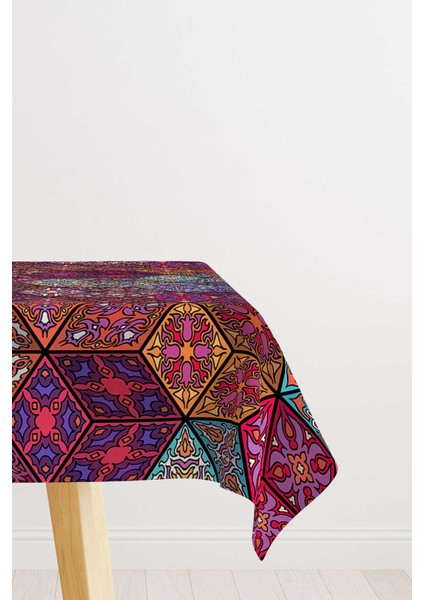 Pembe Çok Renkli Retro Vintage Desenli Dijital Baskılı Masa Örtüsü OTYK292-MS