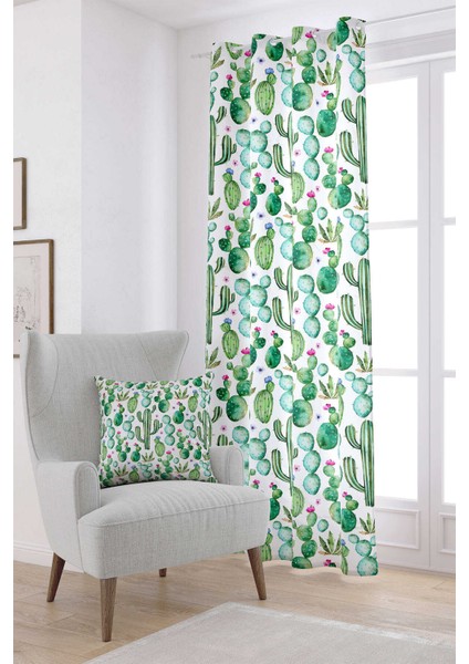 Yeşil Beyaz Kaktüs Desenli Dijital Baskılı Perde OTYK489-PR