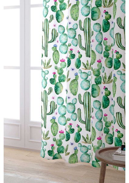 Yeşil Beyaz Kaktüs Desenli Dijital Baskılı Perde OTYK489-PR fiyatları
