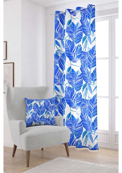 Mavi Yaprak Desenli Dijital Baskılı Perde OTYK492-PR