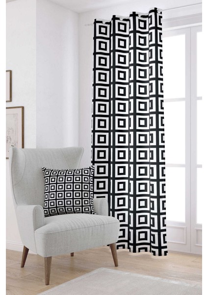 Beyaz Siyah Modern Geometrik Kare Desenli Dijital Baskılı Perde OTYK558-PR