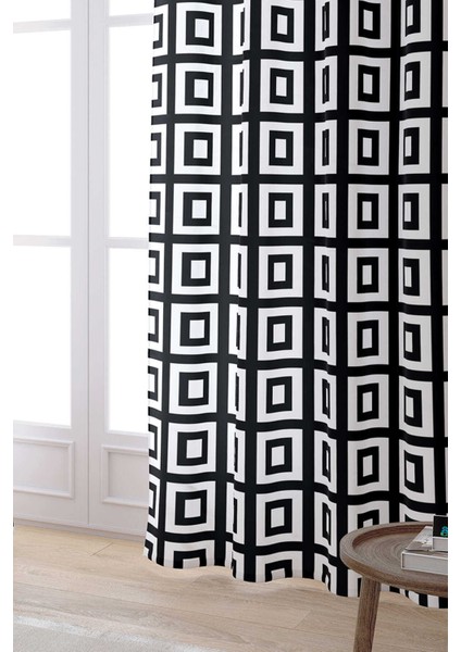 Beyaz Siyah Modern Geometrik Kare Desenli Dijital Baskılı Perde OTYK558-PR