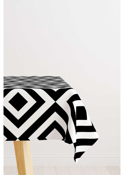 Beyaz Siyah Dekoratif Geometrik Desenli Dijital Baskılı Masa Örtüsü OTYK565-MS